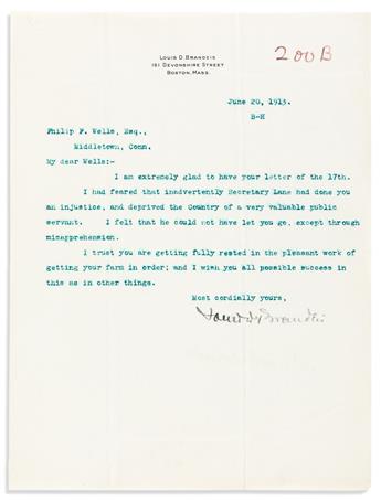BRANDEIS, LOUIS D. Three letters, each to Philip P. Wells: Two Typed Letters Signed * Autograph Letter Signed.